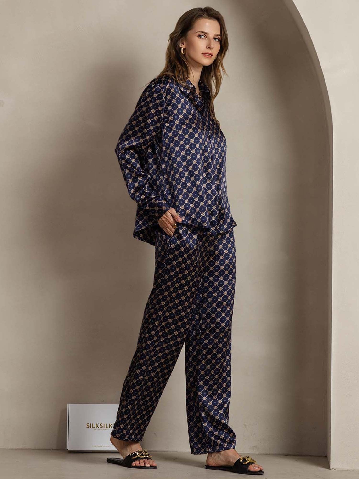 [CadenaAzulMarino] SilkSilky-ES 19Momme Seda Lapel Collar Women''s Outfit Sets 004