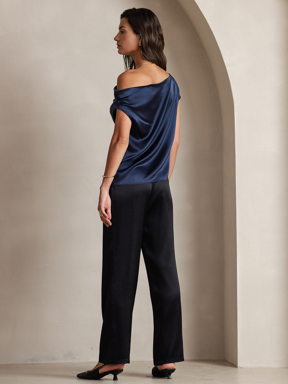 [Azul Oscuro] SilkSilky-ES 19Momme Seda Un hombro Camisetas de Mujer 002