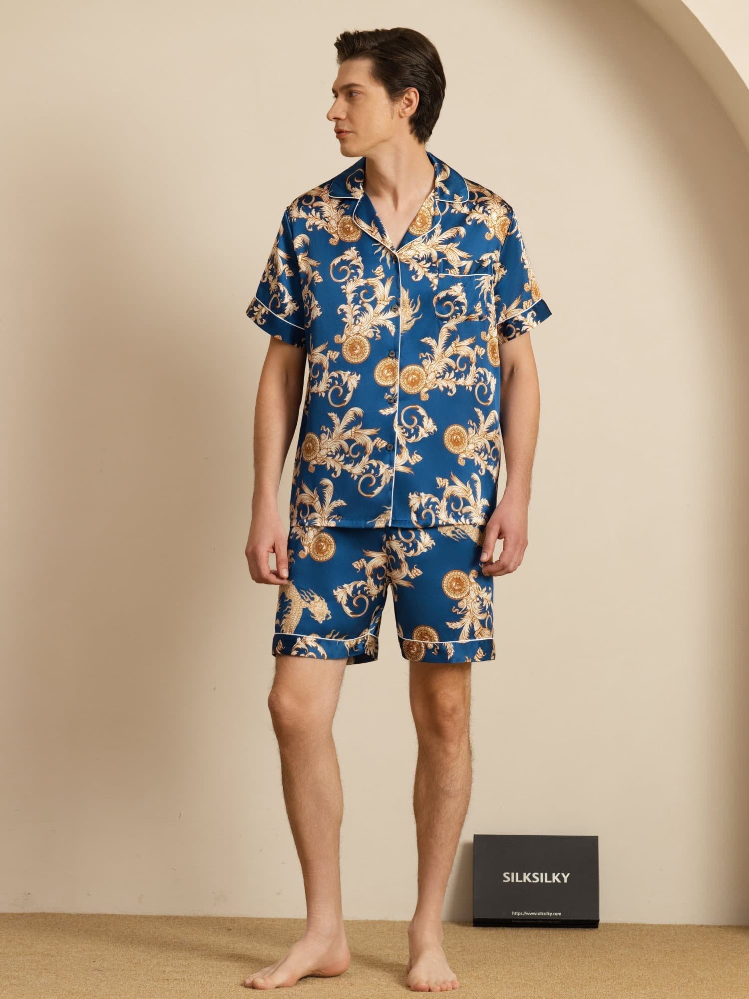 [Dragón Navy] SilkSilky-ES Manga corta Cuello de Muesca Pijamas de hombre 007