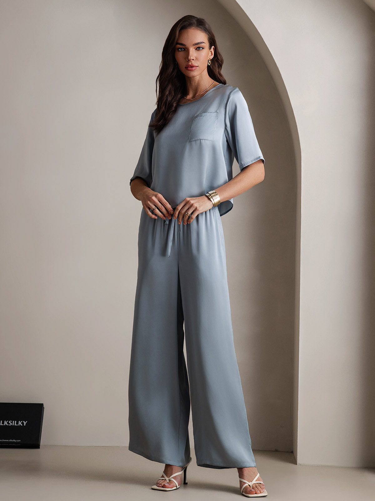 [Azul Grisáceo] SilkSilky-ES Seda Pura Womens Pajamas 004,