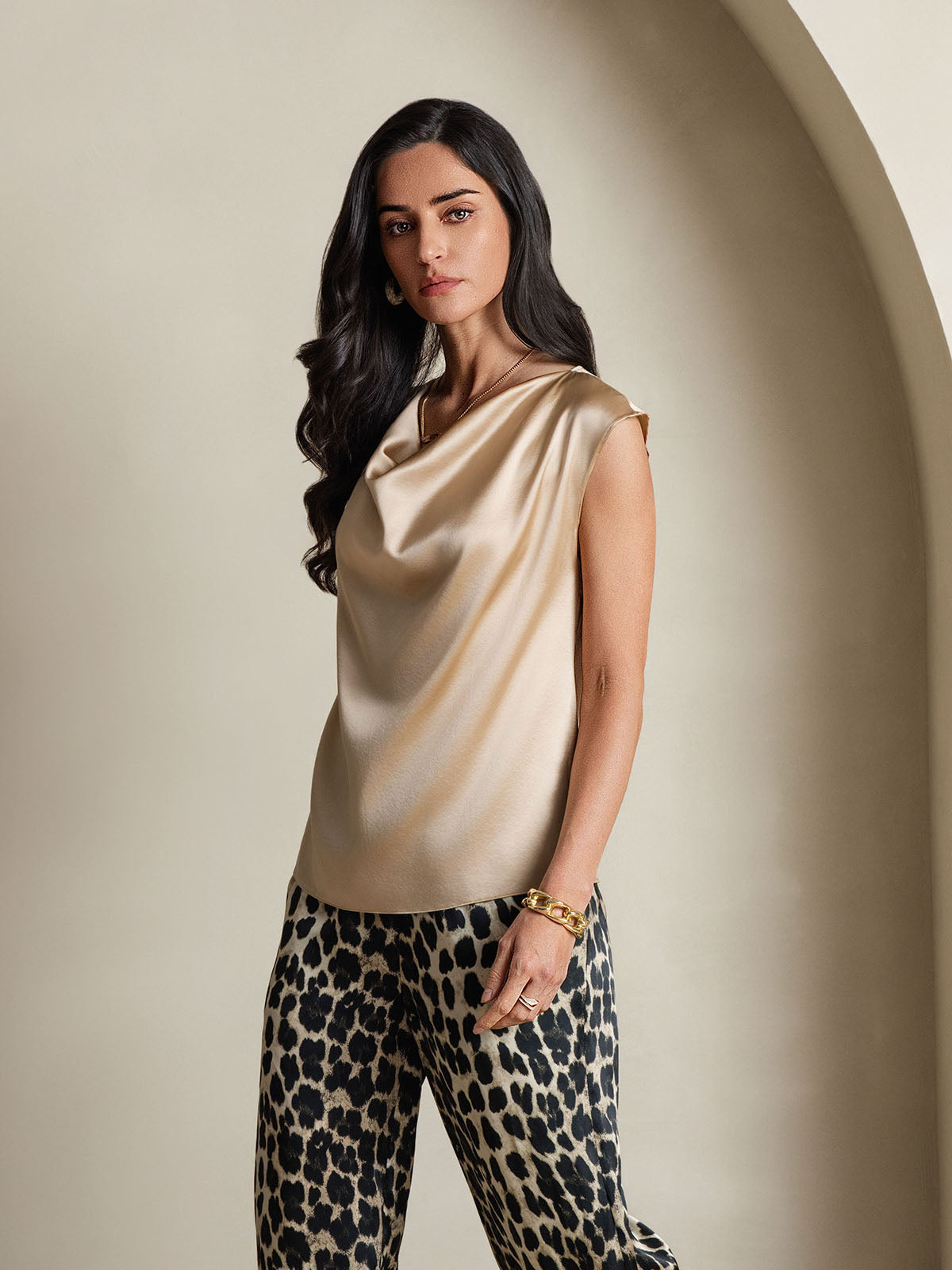 [Champán] SilkSilky-ES 19Momme Seda Sin mangas Womens T-Shirt 004