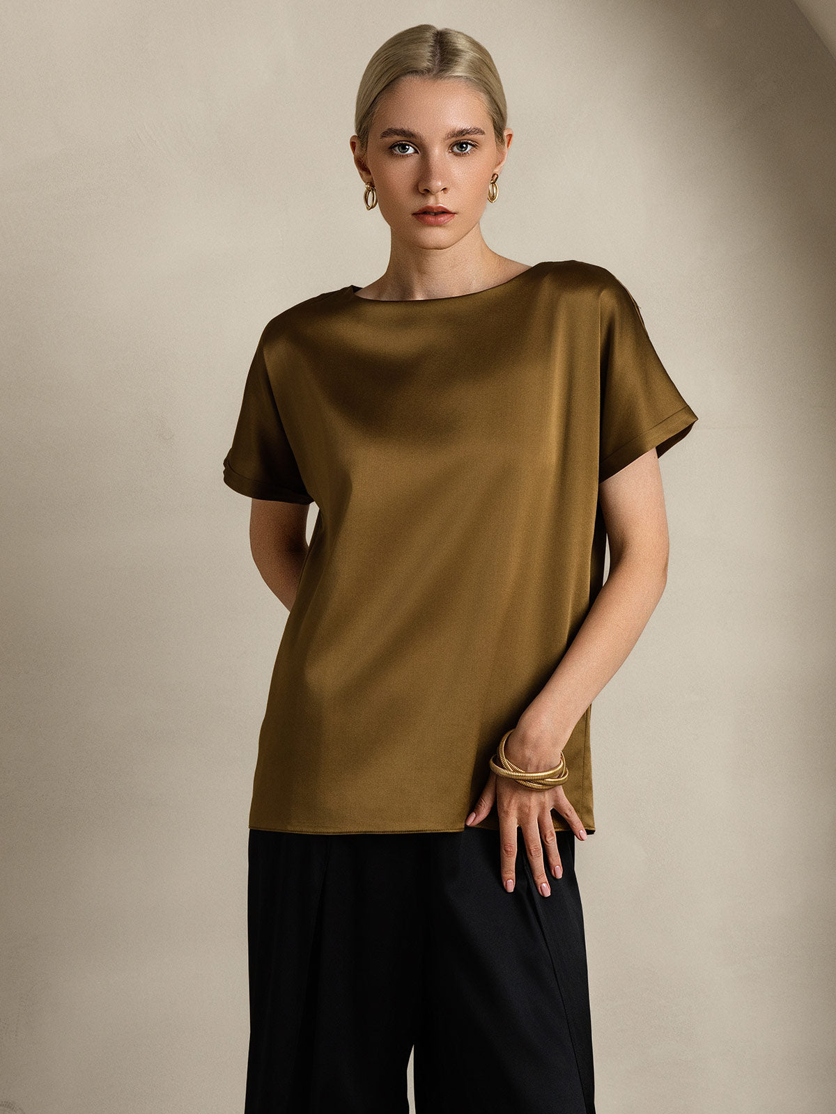 [Marrón] SilkSilky-ES 19Momme Seda Womens T-Shirt 006