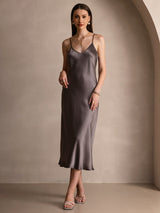 [Caqui Oscuro] SilkSilky-ES Spaghetti Strap V Neck Vestido 003