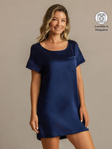 19 Momme Seda Lavable Manga Corta Cuello Redondo Camisón Corto
