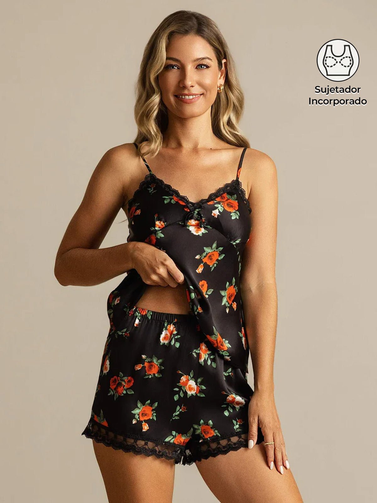Conjunto de Camisón de Seda Pura con Estampado Floral, Tirantes Spaghetti y Sujetador Integrado