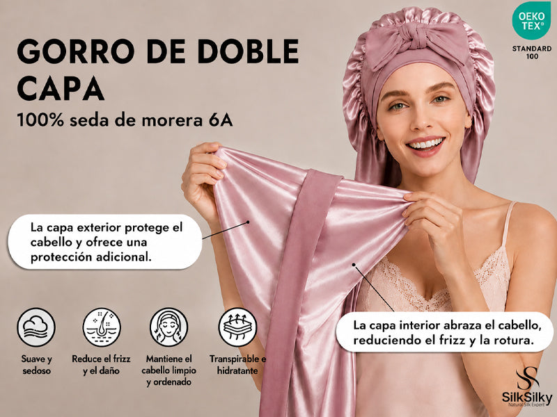 Gorro Largo De Doble Capa De 100 % Seda De Morera Con Cinta Larga Ajustable - Detail 1