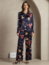 [Floral Azul Marino] SilkSilky-ES 19Momme Seda Cuello Camisero Women''s Outfit Sets 001