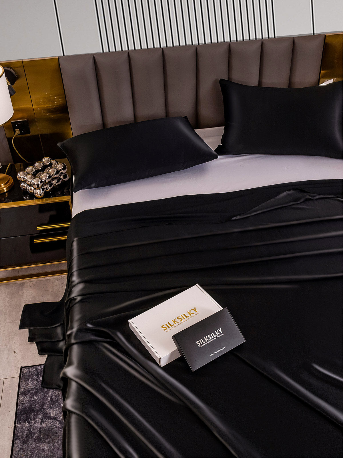 [Negro] SilkSilky-ES 22Momme Seda Pura Bedding Set 005