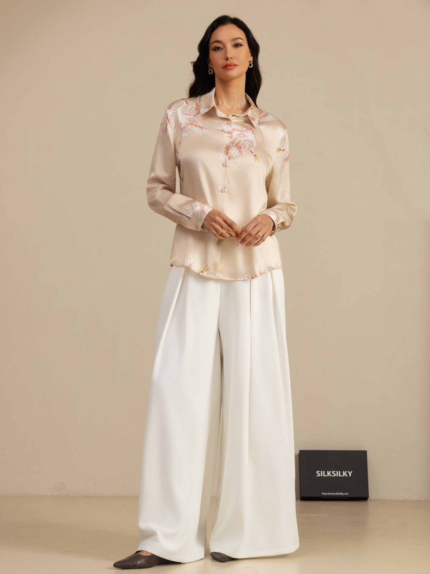 [Champán] SilkSilky-ES 19Momme Manga larga Cuello con Solapa Blusas de Mujer 008