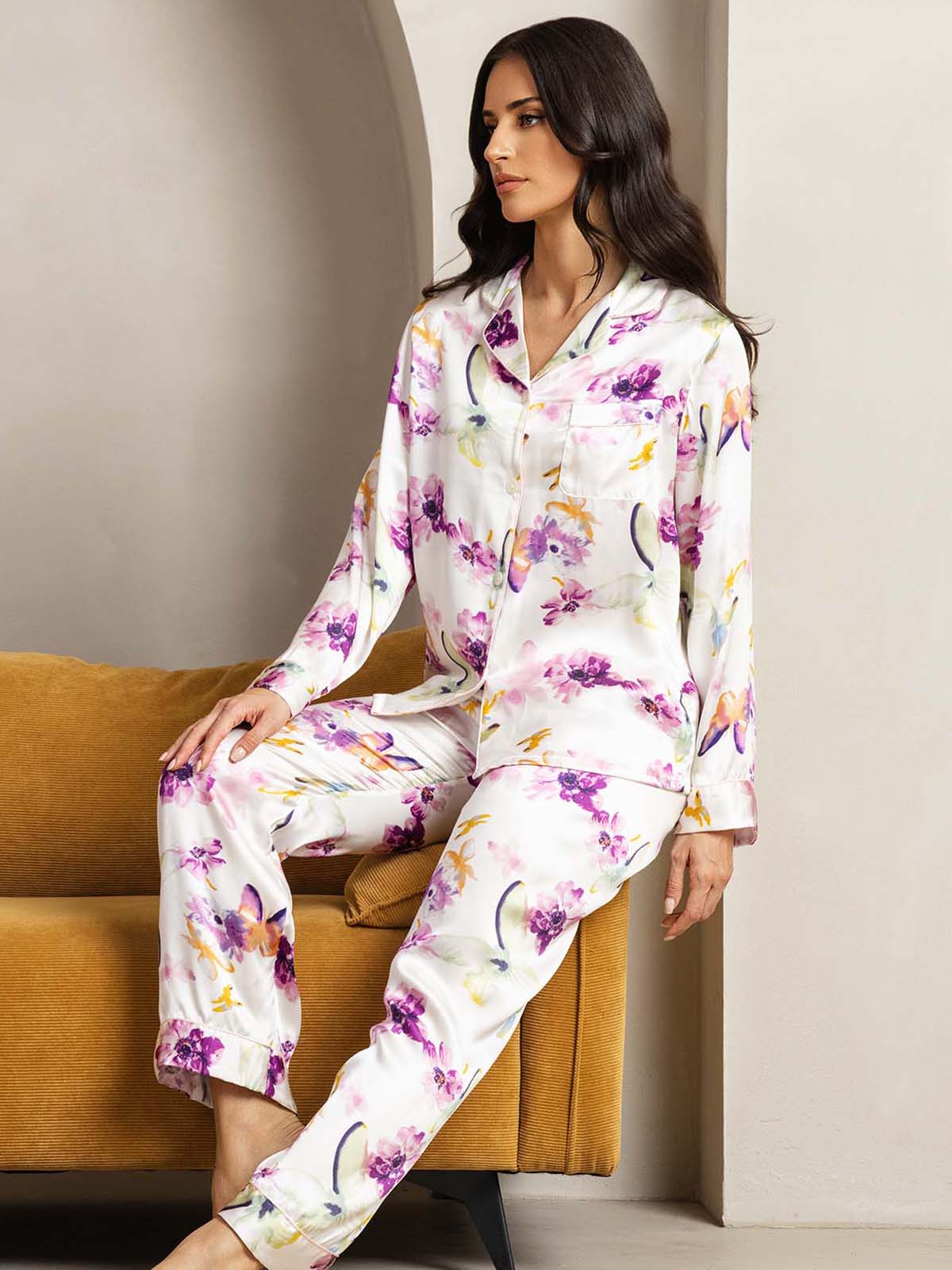 [Flores Acuarela] SilkSilky-ES Seda Pura Womens Pajamas 005