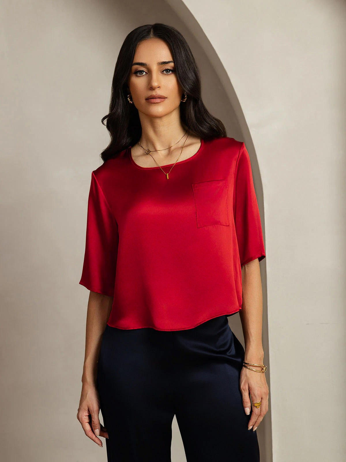 [Rojo Oscuro] SilkSilky-ES Seda Pura Cuello Barco Camisetas de Mujer 003
