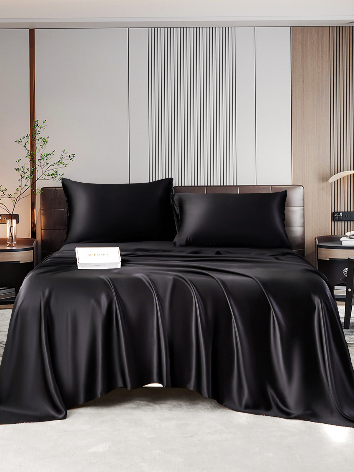 SilkSilky ES 22Momme Seda Pura Bedding Set Negro 001