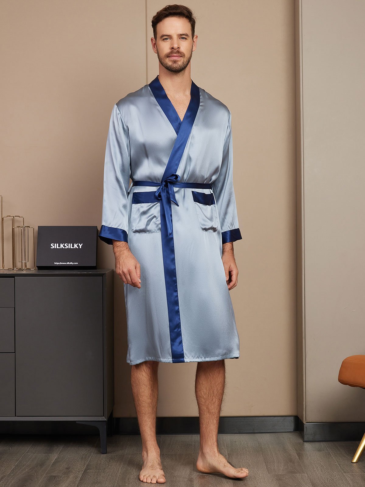 SilkSilky ES Seda Pura Manga larga Mens Robe AzulGrisáceo 001