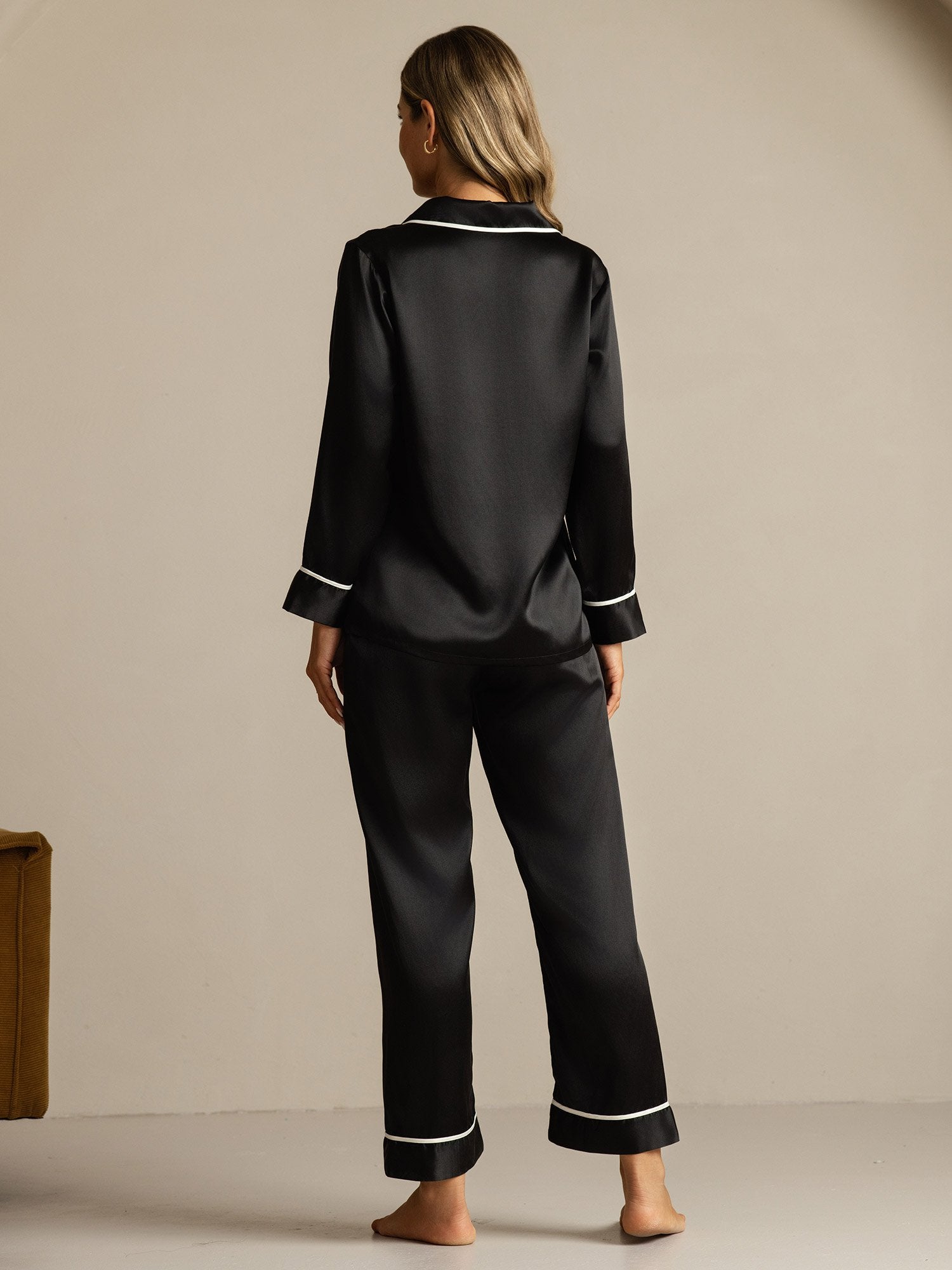 [Negro] SilkSilky-ES Seda Pura Cuello Camisero Pijamas de mujer 002