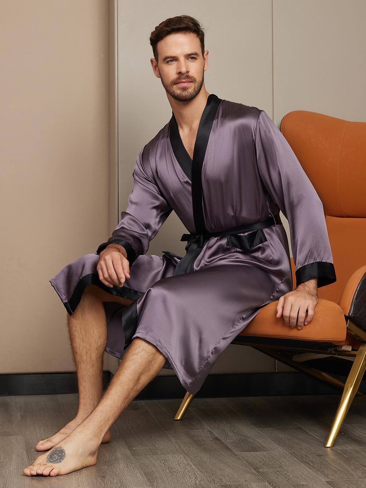 SilkSilky ES Seda Pura Manga larga Mens Robe GrisPúrpura 005