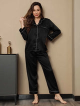 [Negro] SilkSilky-ES Long Sleeve Lapel Collar Pijamas de mujer 003