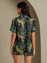 [Serval Negro] SilkSilky-ES Short Sleeve Notch Collar Pijamas de mujer 002