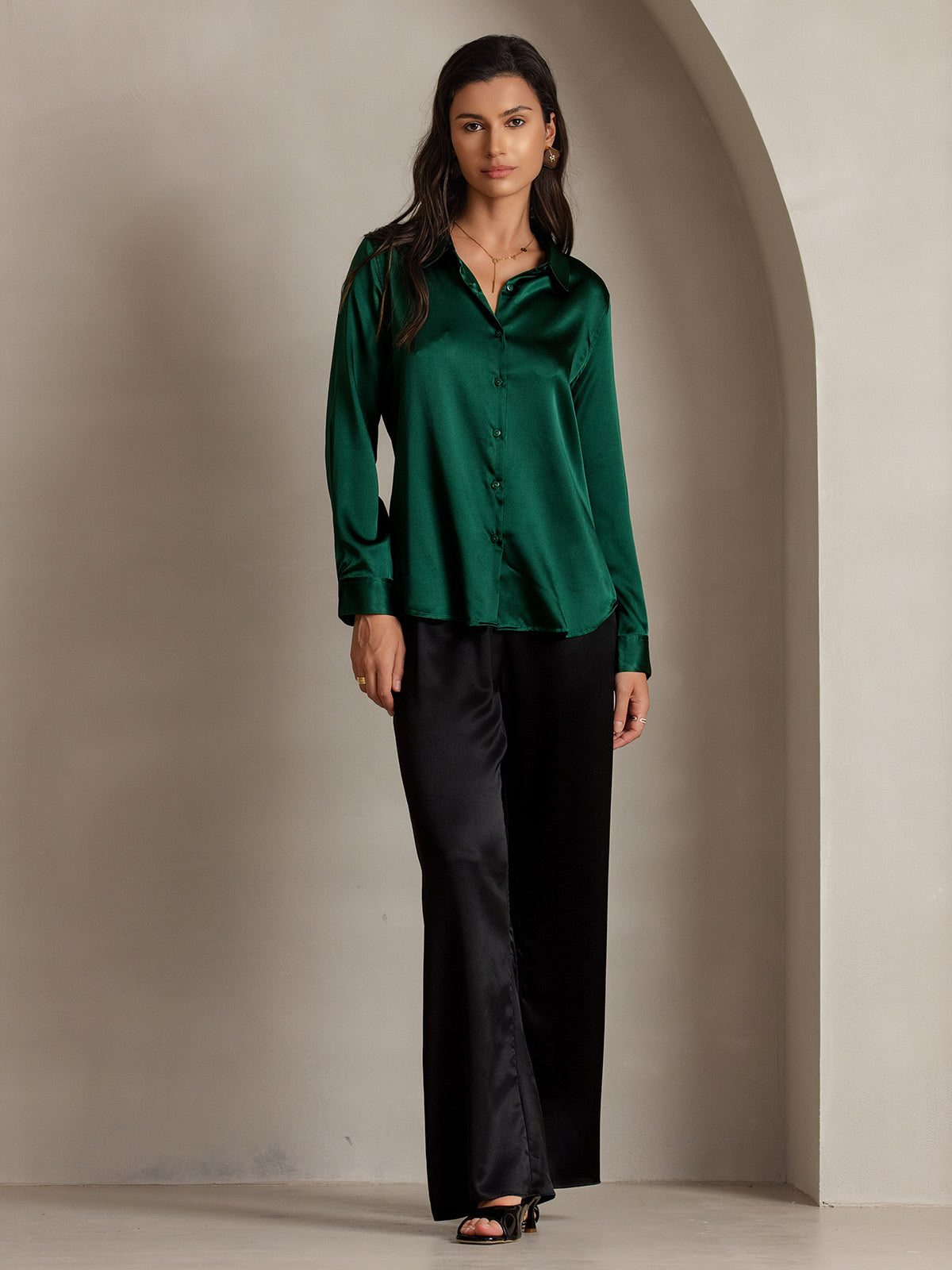 [Verde Oscuro] SilkSilky-ES 19Momme Manga larga Cuello con Solapa Blusas de Mujer 005