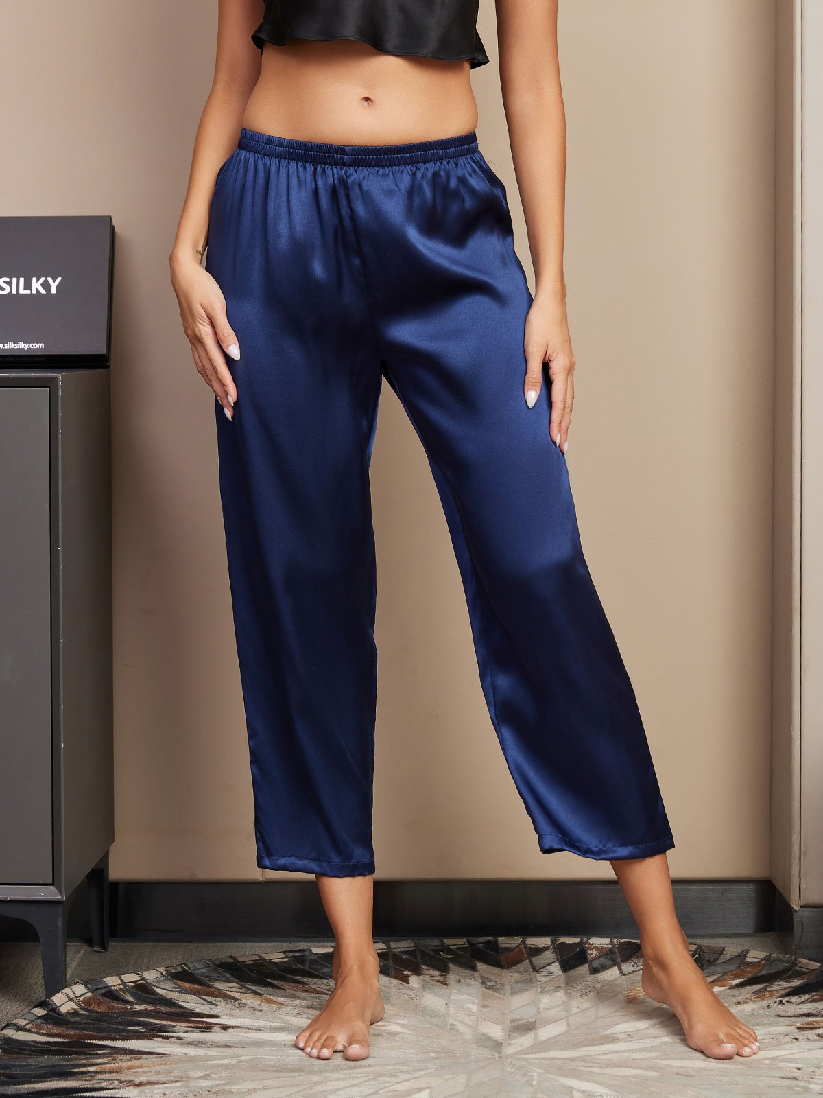 [Azul Oscuro] SilkSilky-ES Seda Pura Womens Sleep Bottoms 003
