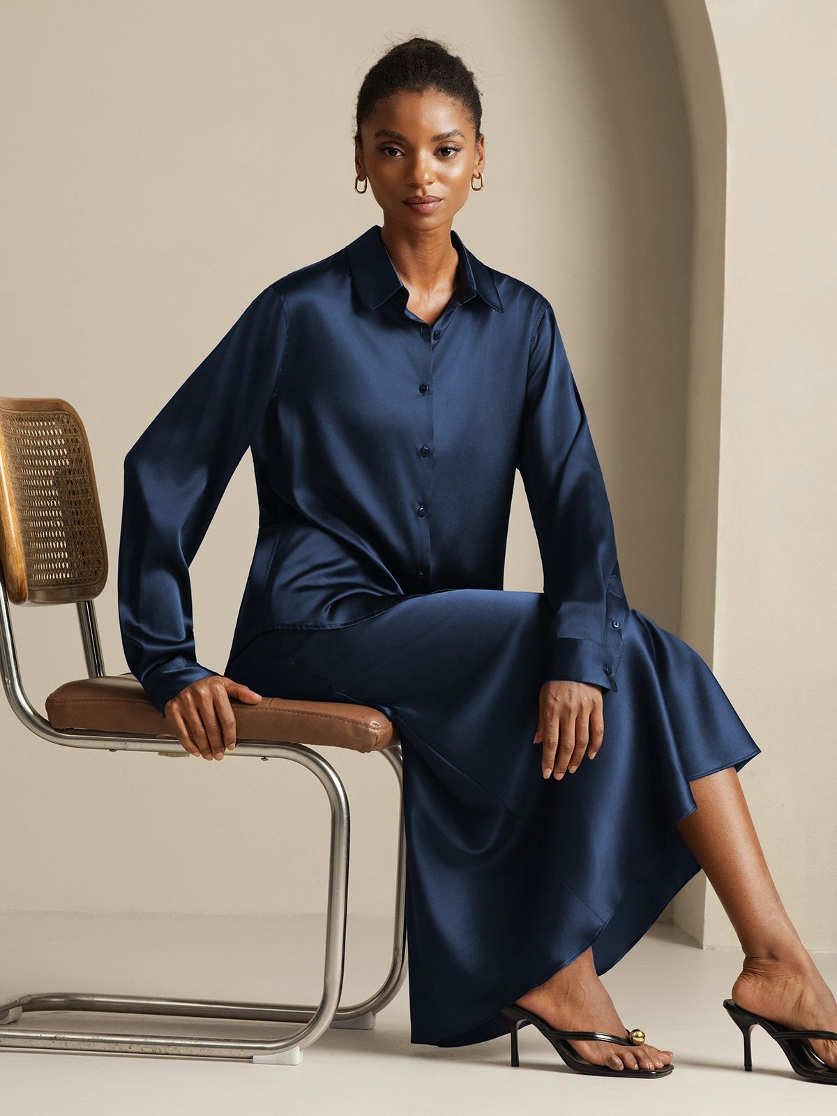 [Azul Oscuro] SilkSilky-ES 19Momme Seda Cuello Camisero Women''s Outfit Sets 001,