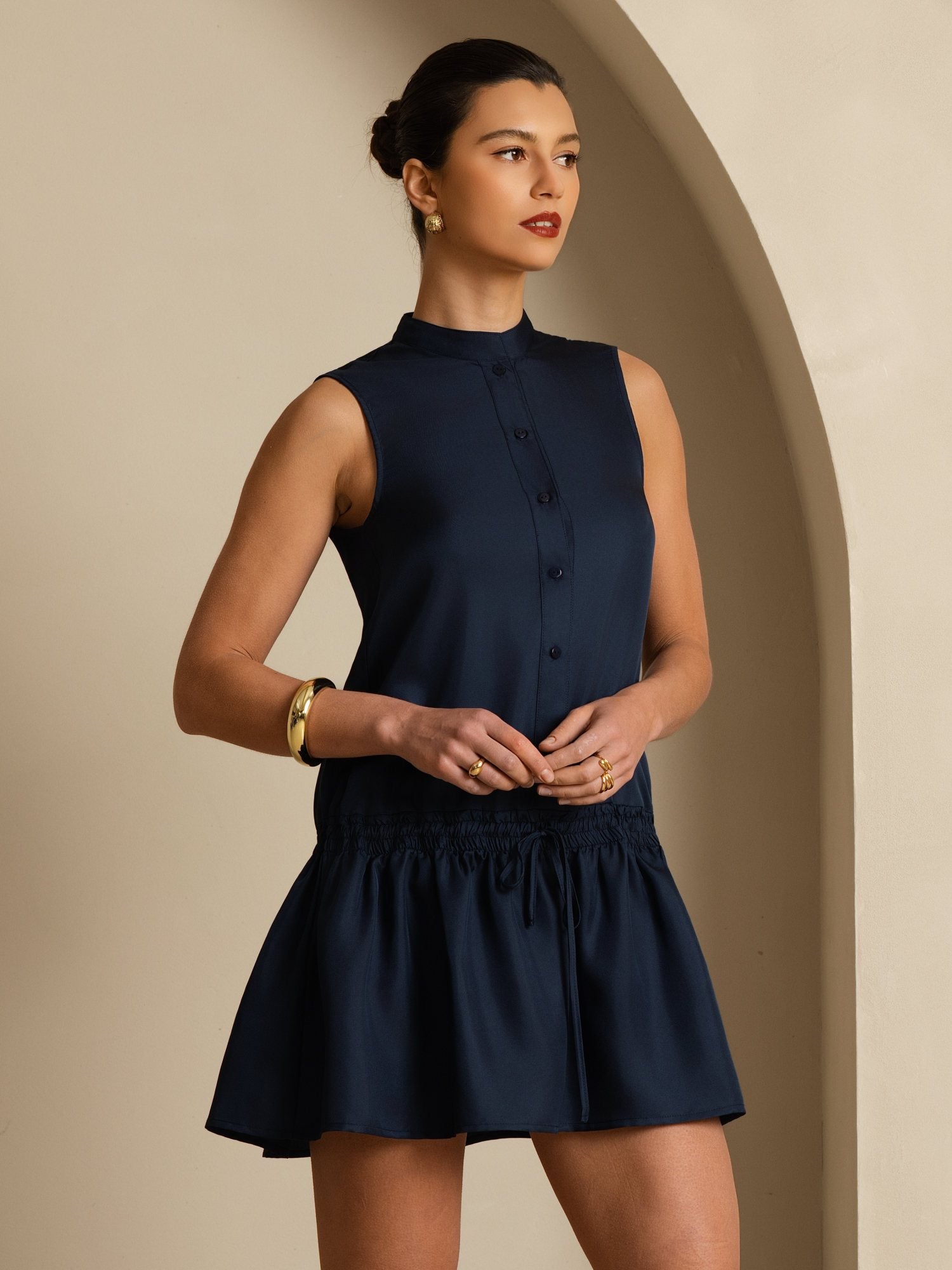 [Azul Oscuro] SilkSilky-ES 18Momme Sin mangas Cuello Alto Vestido 001