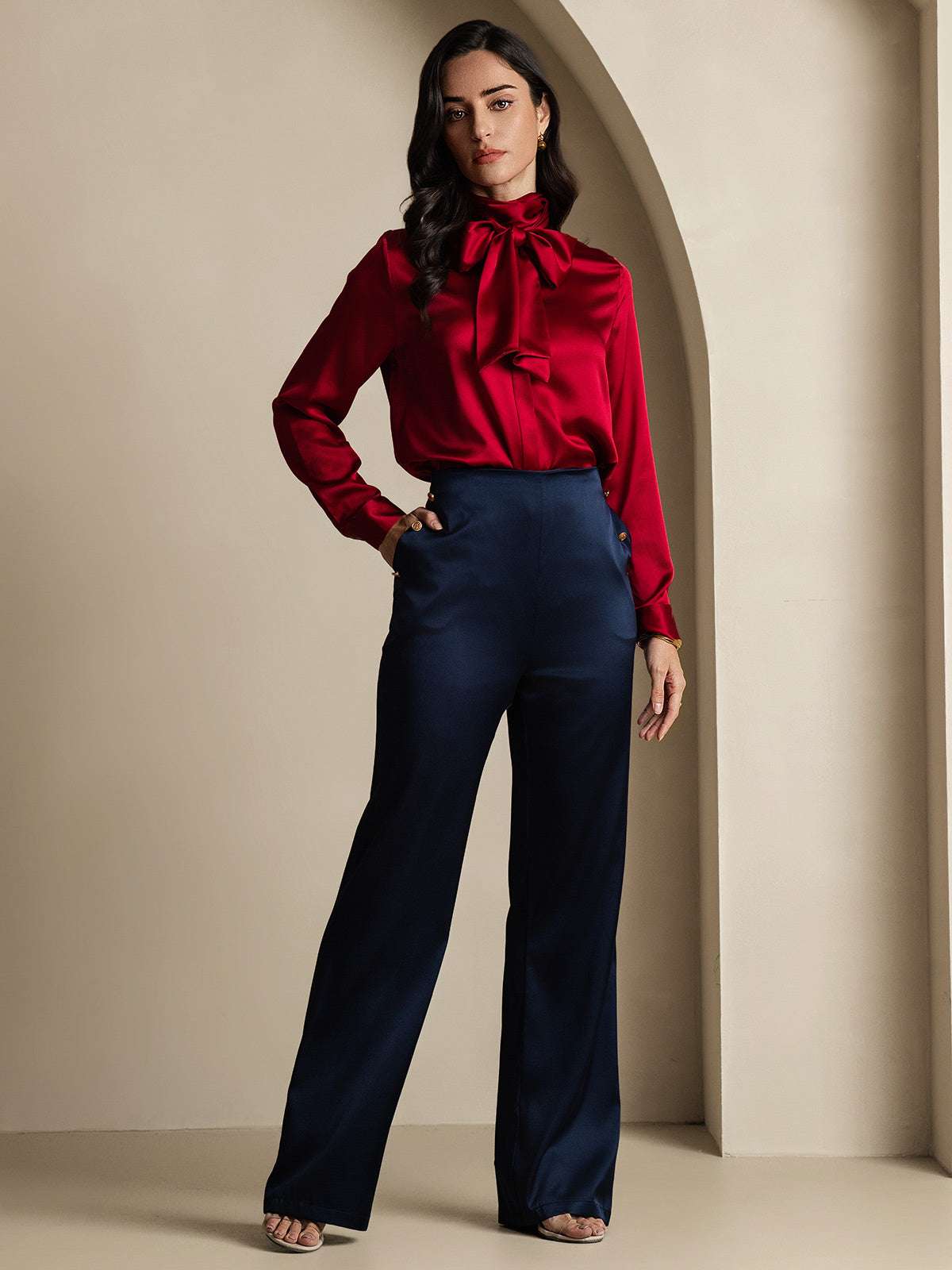 [Azul Oscuro] SilkSilky-ES 19Momme Seda Womens Pants 001