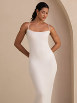 [Blanco] SilkSilky-ES Spaghetti Strap Boat Neck Vestido 003