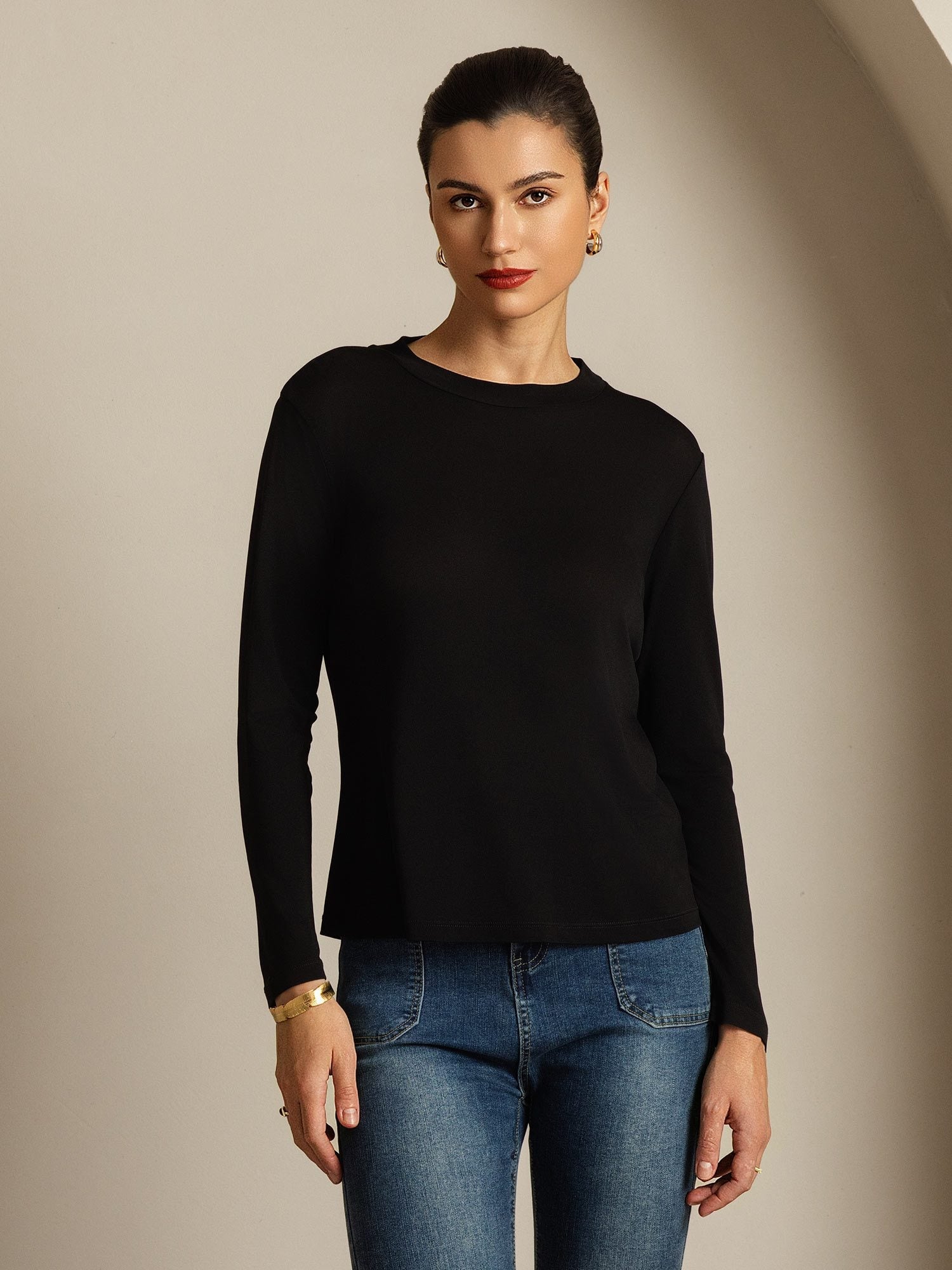 [Negro] SilkSilky-ES Seda Pura Womens T-Shirt 005