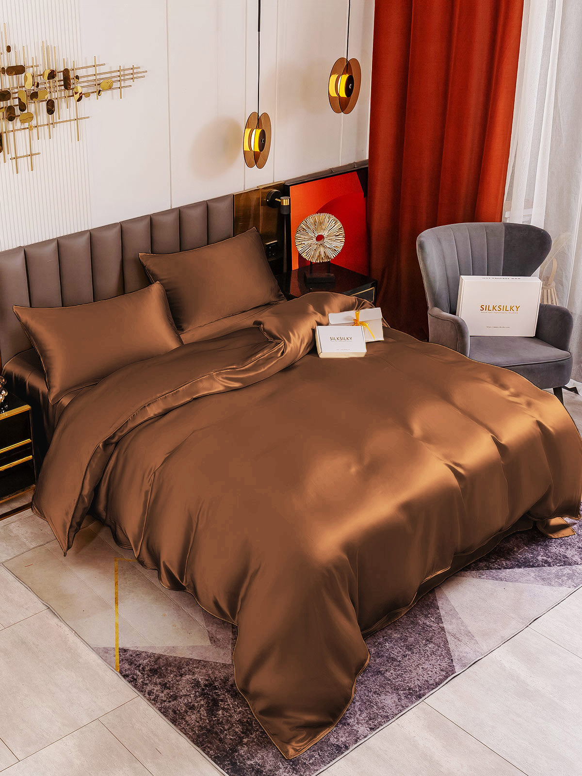 [Café] SilkSilky-ES 19Momme Juego de ropa de cama 001