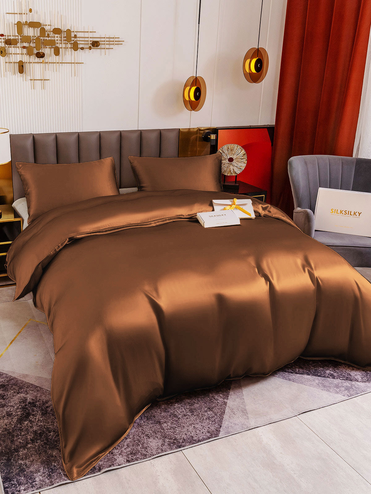 [Café] SilkSilky-ES 19Momme Juego de ropa de cama 003