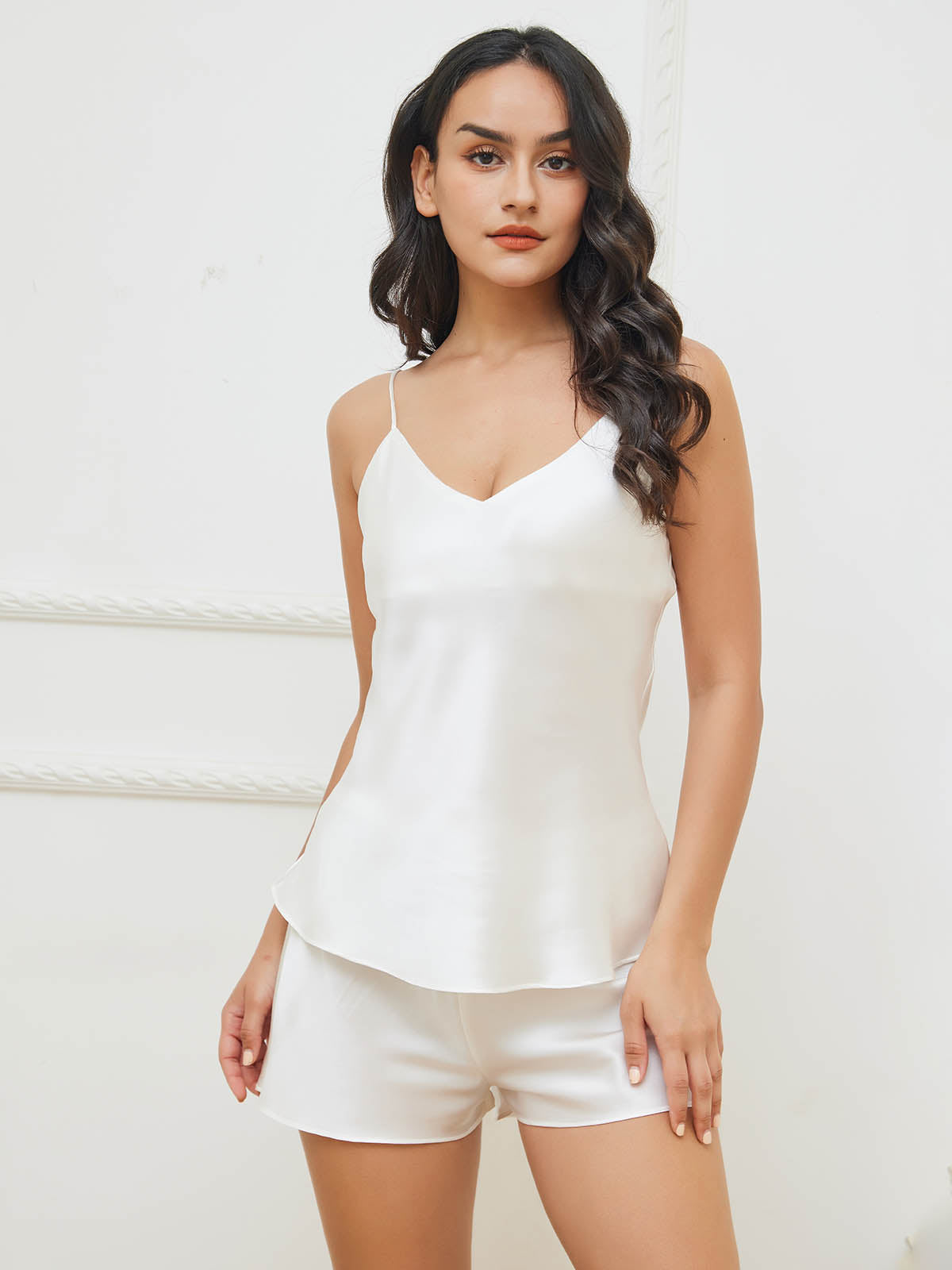 SilkSilky-ES Seda Pura Sin mangas Cuello en V Conjunto de tirantes Blanco 002