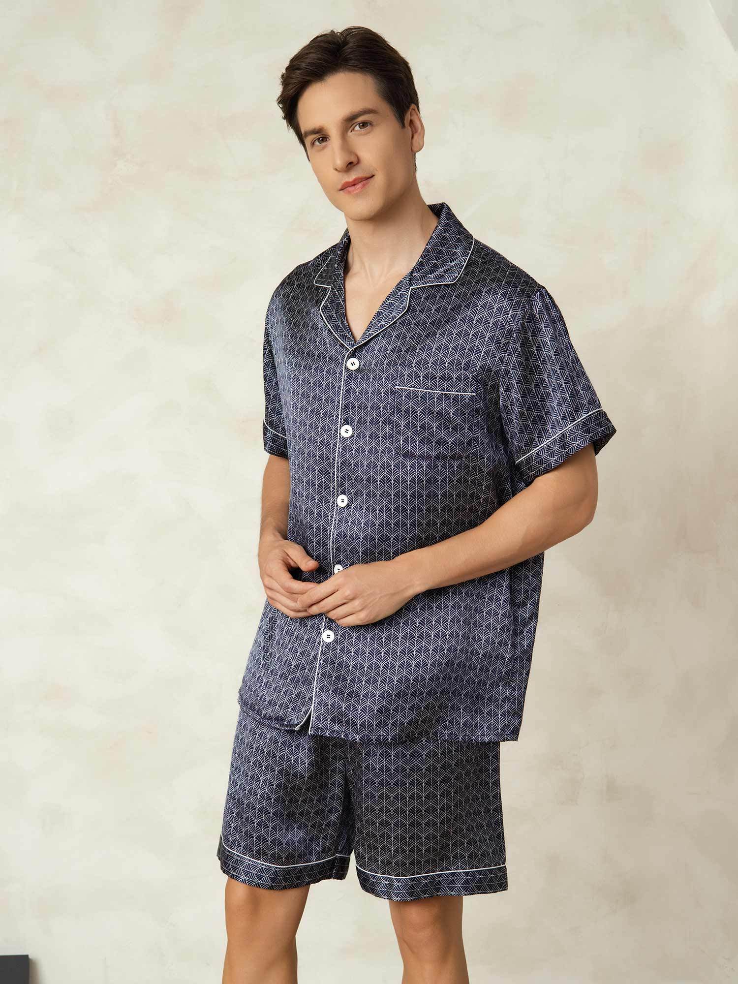 [GinkgoAzulMarino] SilkSilky-ES Seda Pura Lapel Collar Pijamas de hombre 003