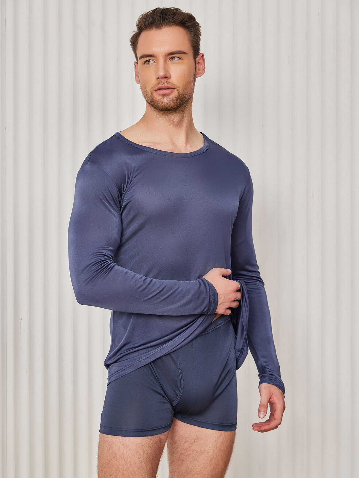 [Azul Oscuro] SilkSilky-ES Manga larga Cuello Redondo Camiseta de hombre 003
