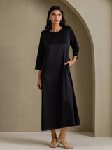 [Negro] SilkSilky-ES 3/4 Sleeve Round Neck Vestido 001