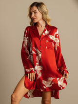 [Rojo Oscuro] SilkSilky-ES Long Sleeve Lapel Collar Camisas de dormir 005