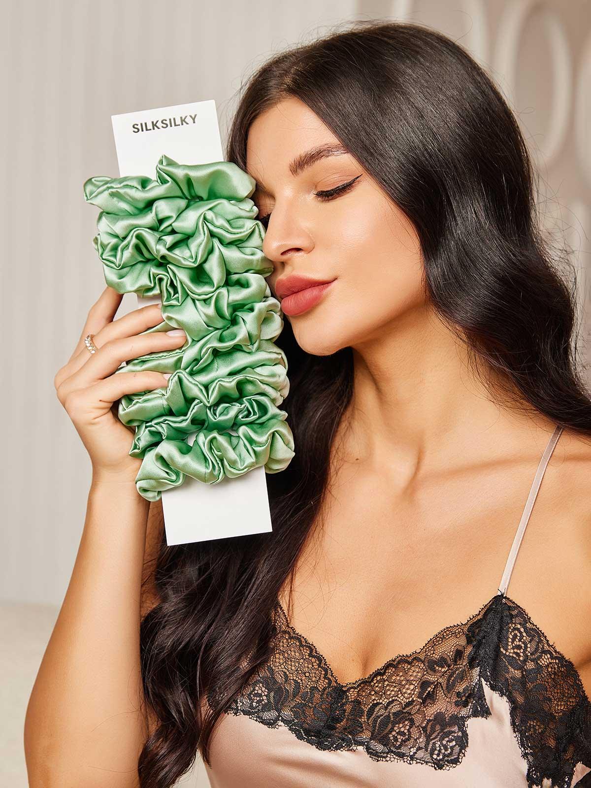[Verde] SilkSilky-ES 19Momme Seda Pura Scrunchie 001