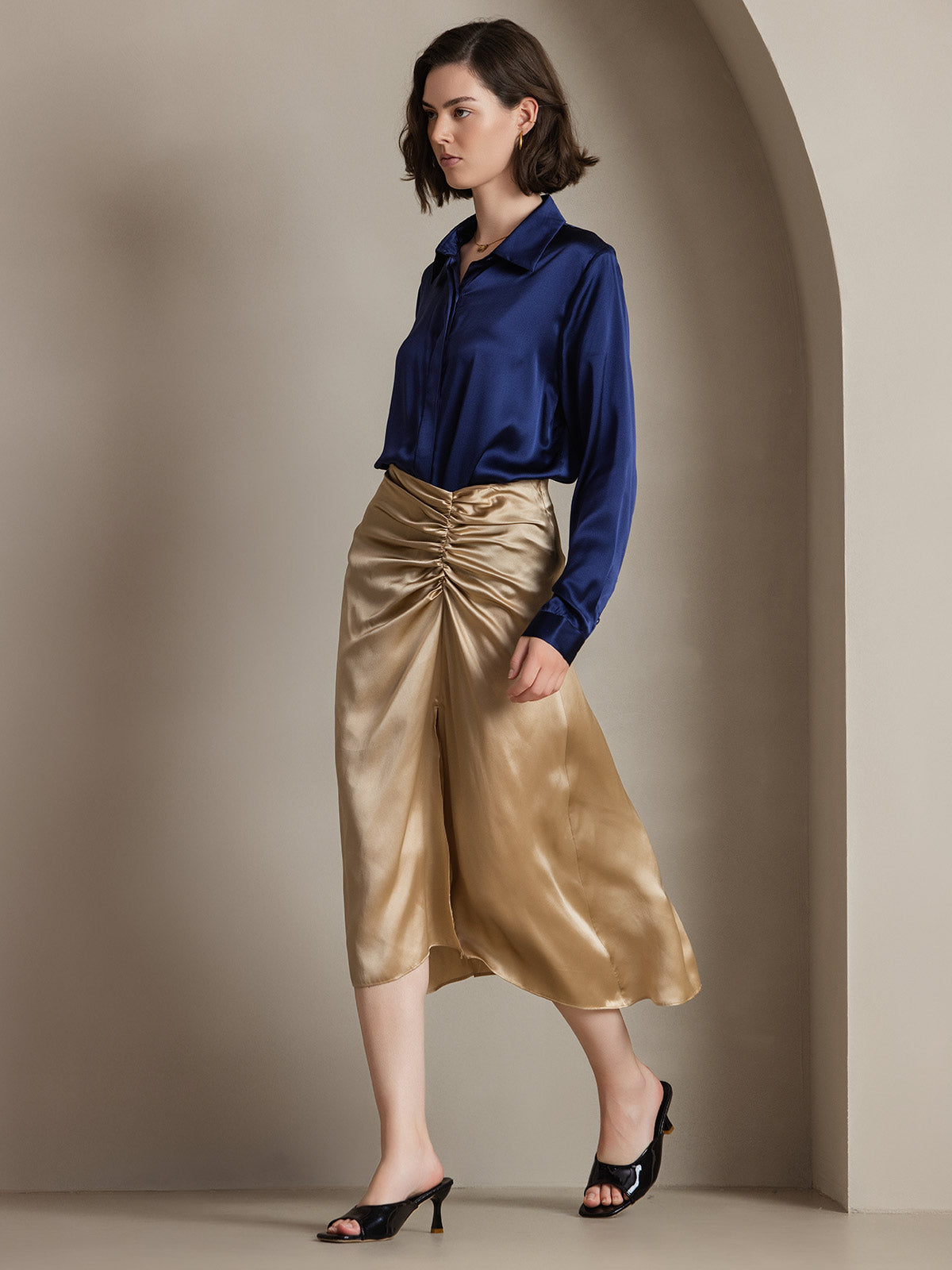[Azul Oscuro] SilkSilky-ES 19Momme Seda Lapel Collar Blusas de Mujer 005