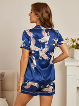 [Azul Oscuro] SilkSilky-ES Short Sleeve Lapel Collar Pijamas de mujer 002