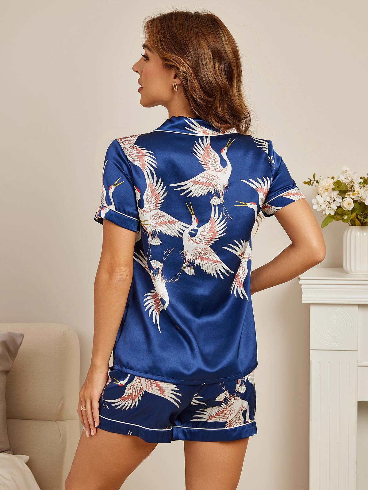 [Azul Oscuro] SilkSilky-ES Short Sleeve Lapel Collar Pijamas de mujer 002