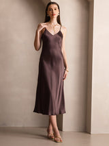 [Café] SilkSilky-ES Spaghetti Strap V Neck Vestido 005