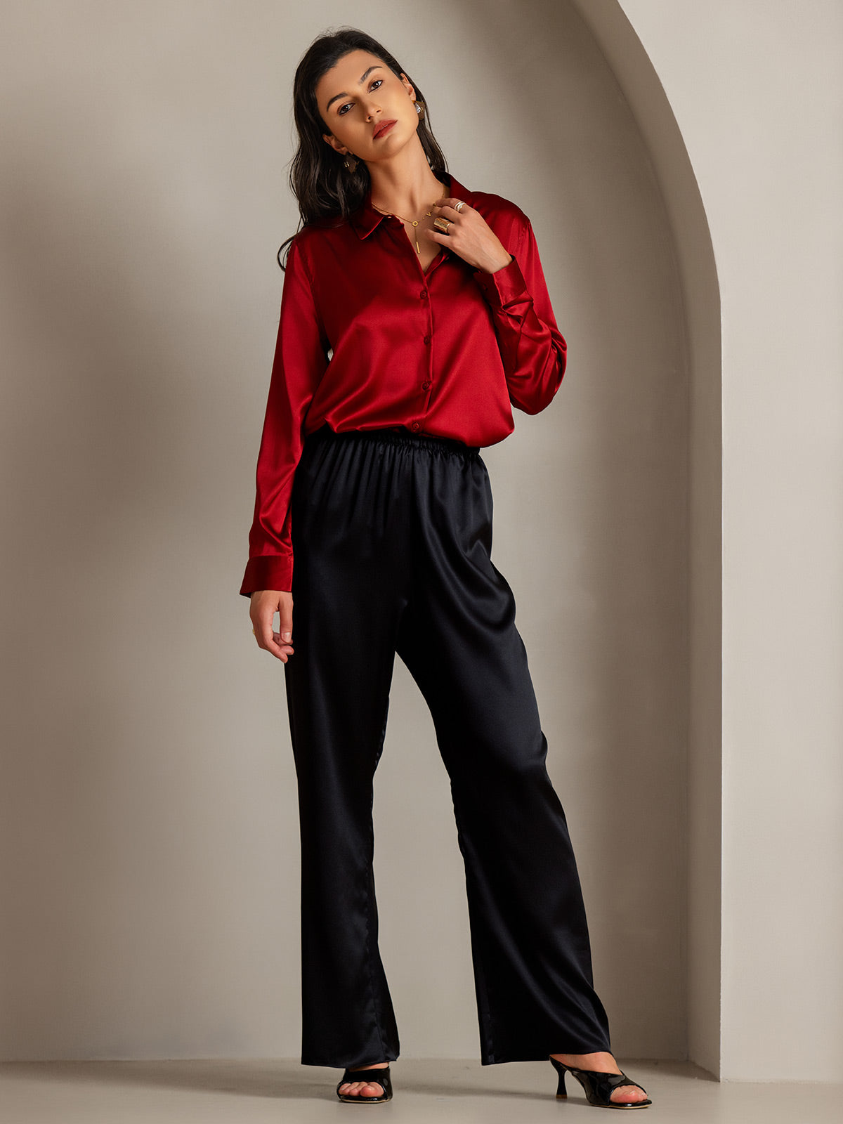 [Rojo] SilkSilky-ES Seda Lapel Collar Blusas de Mujer 005