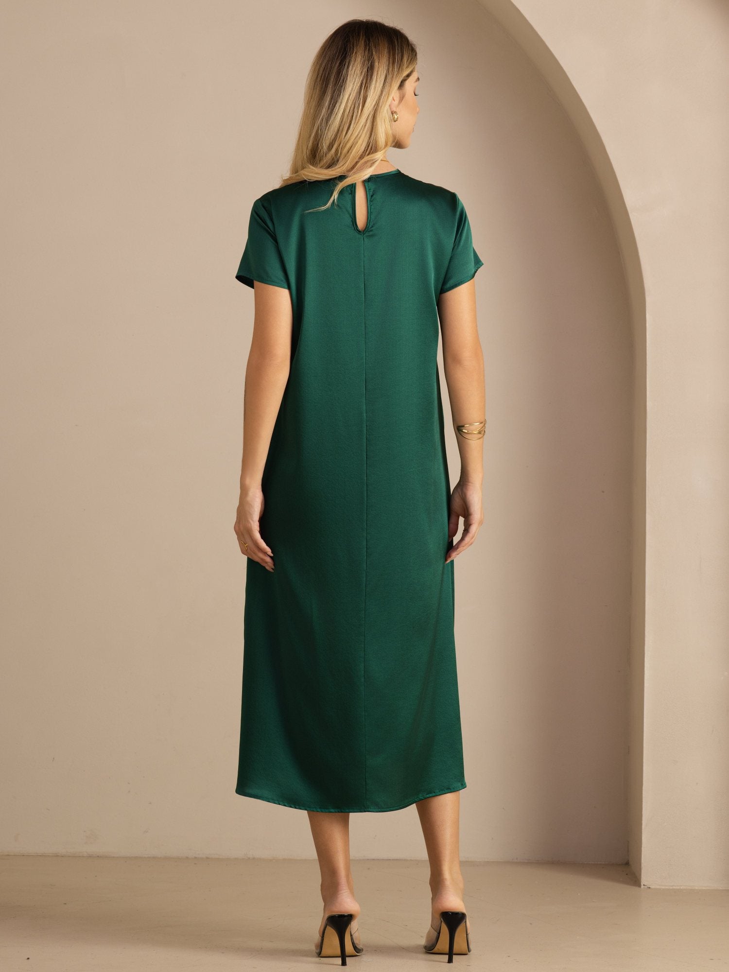 [Verde Oscuro] SilkSilky-ES Short Sleeve Round Neck Vestido 002