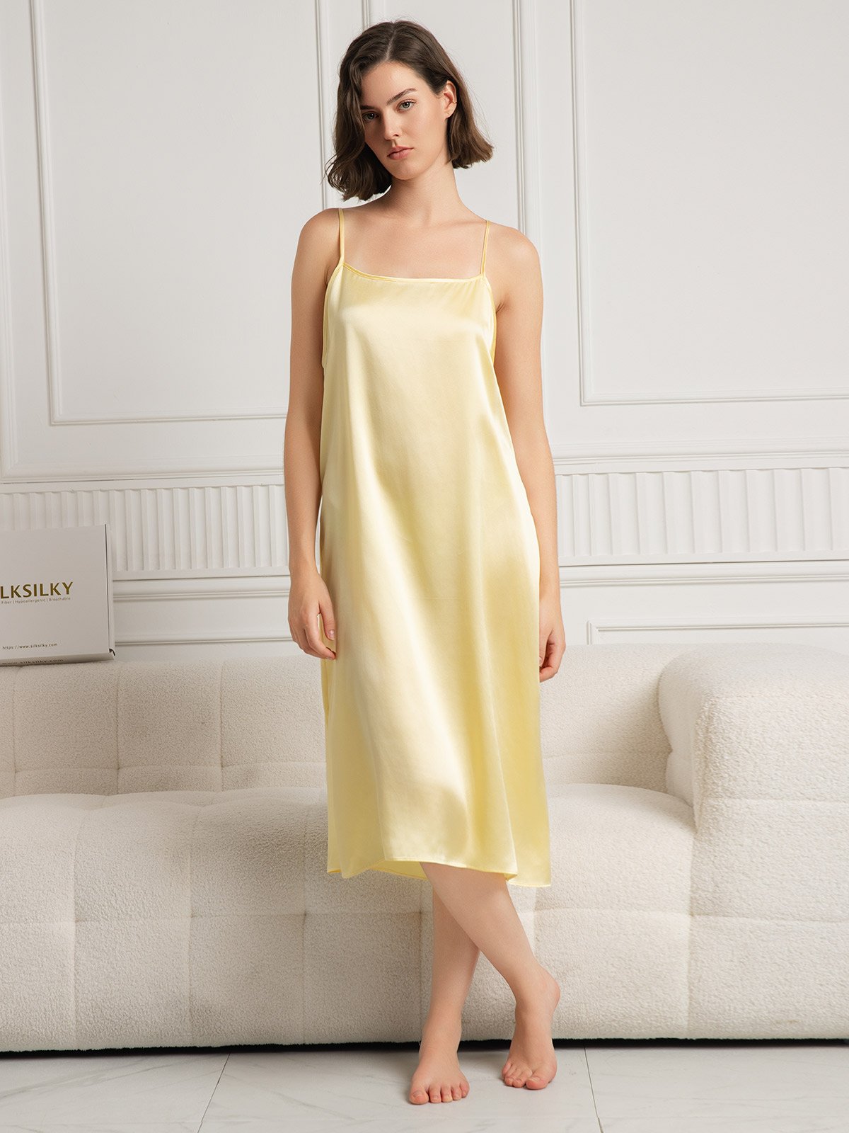 [Amarillo Claro] SilkSilky-ES 19Momme Seda Sin mangas Dress 001
