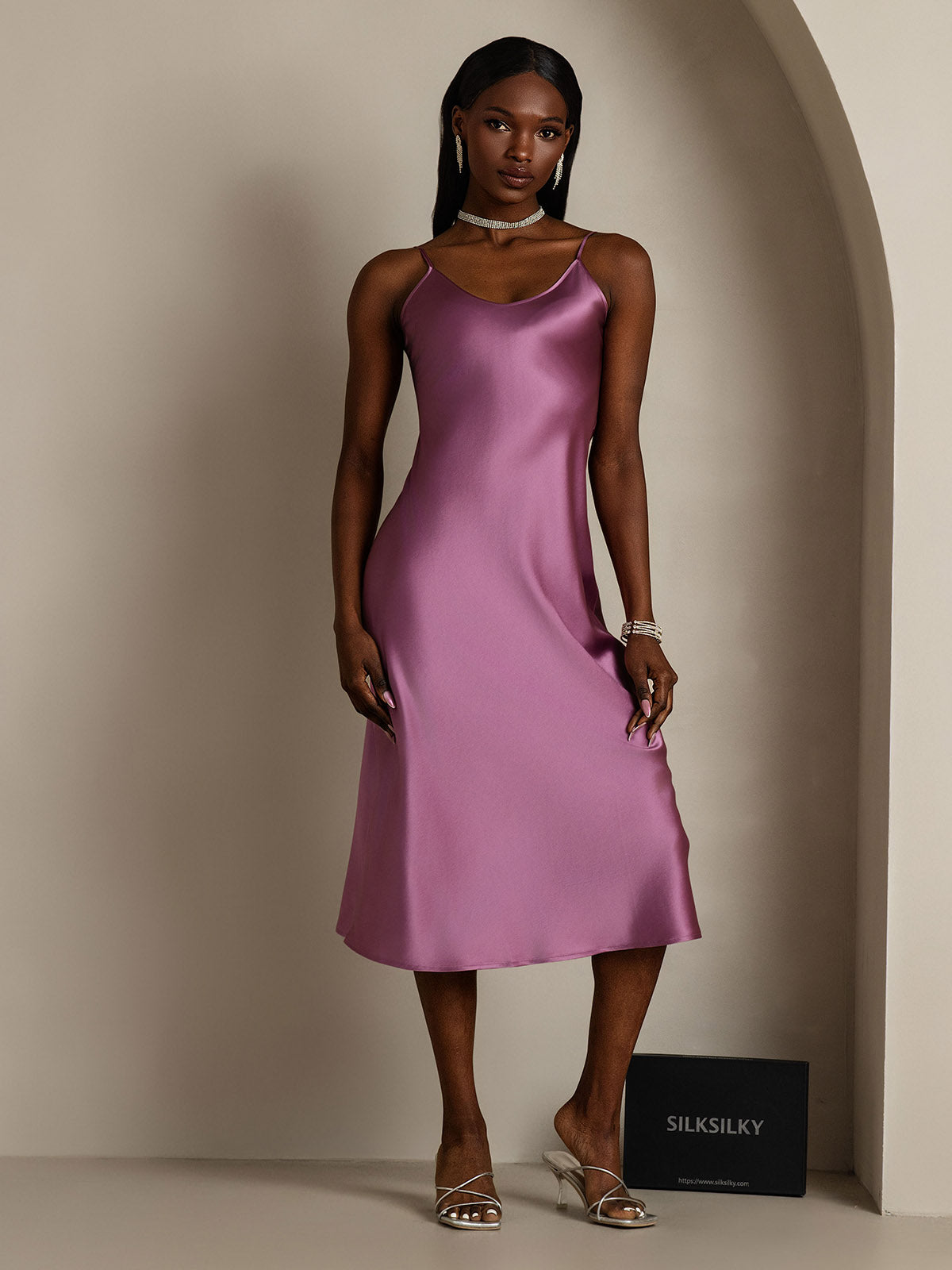 [Morado Oscuro] SilkSilky-ES Seda Pura Dress 003