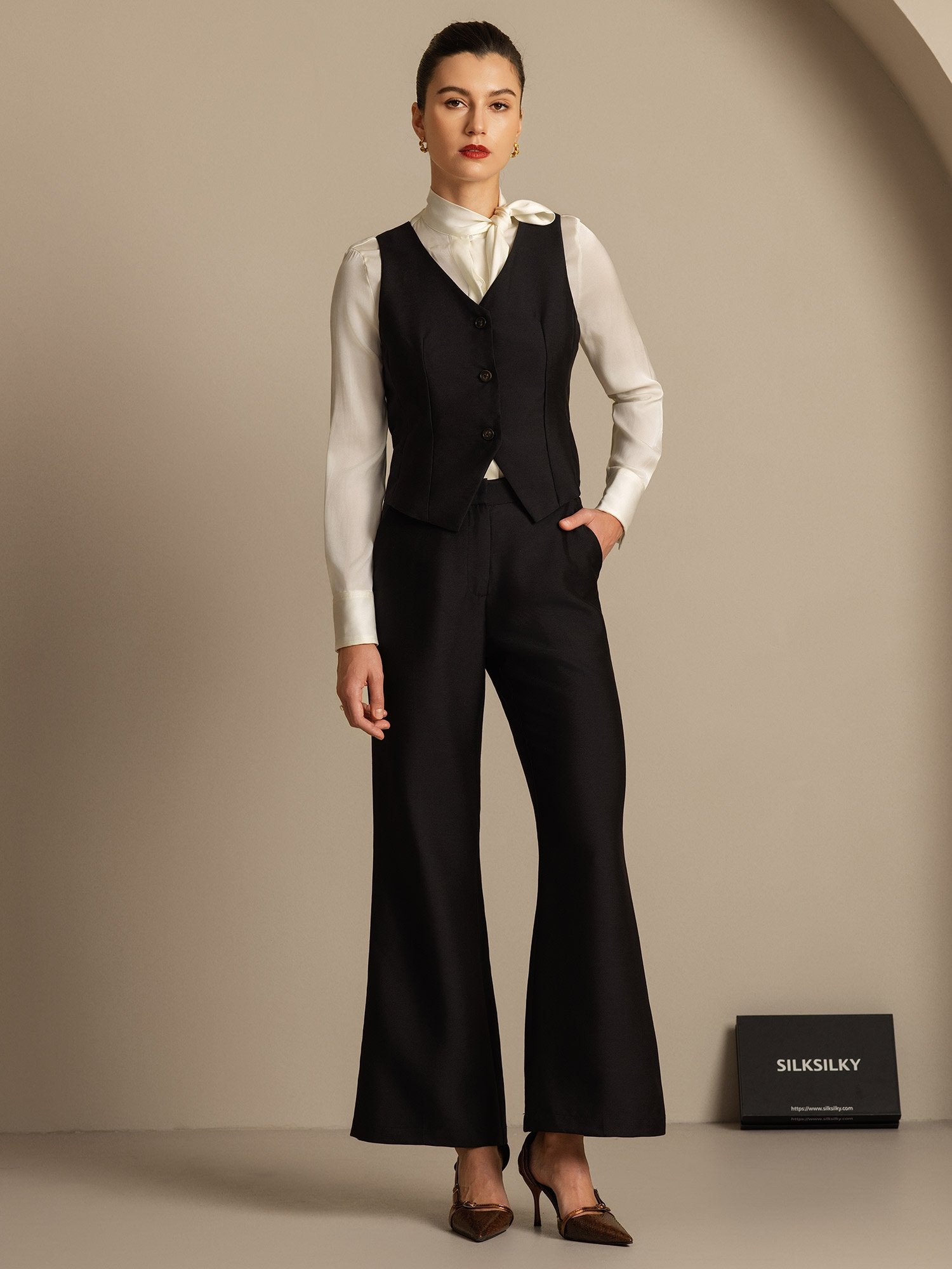 [Negro] SilkSilky-ES 32Momme Silk-Wool Blend Womens Pants 006,