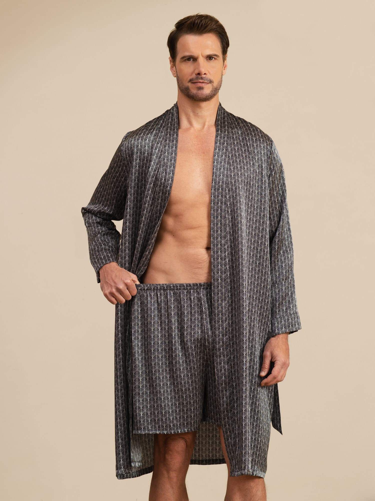 [Ginkgo Negro] SilkSilky-ES Long Sleeve Pijamas de hombre 001