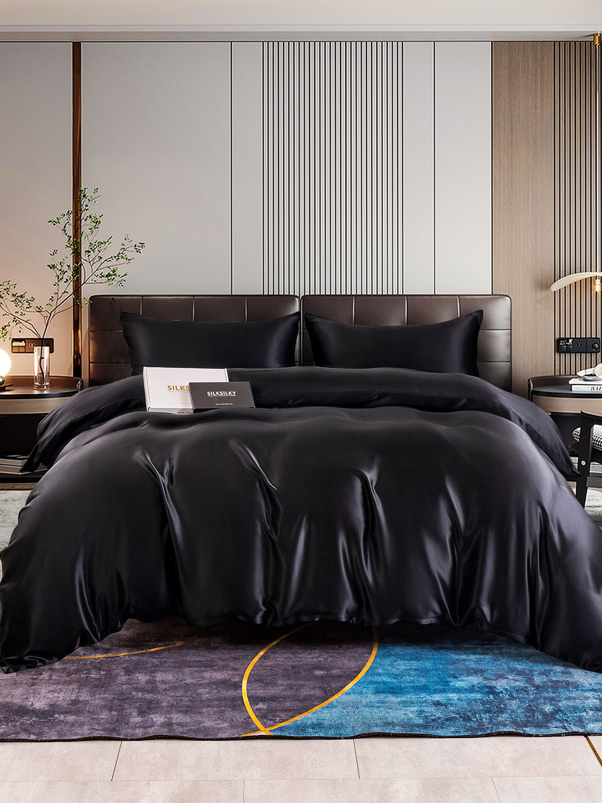 SilkSilky ES 22Momme Seda Pura Bedding Set Negro 001