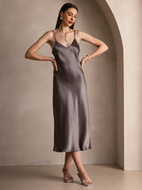 [Caqui Oscuro] SilkSilky-ES Spaghetti Strap V Neck Vestido 001