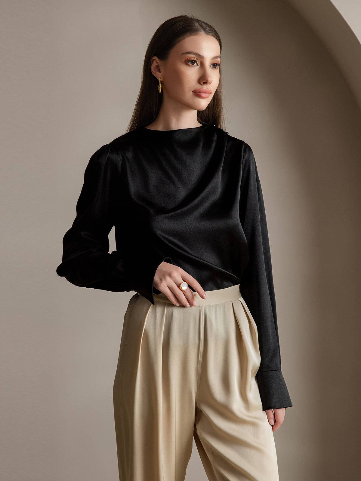 [Negro] SilkSilky-ES 19Momme Seda Womens Shirt 005