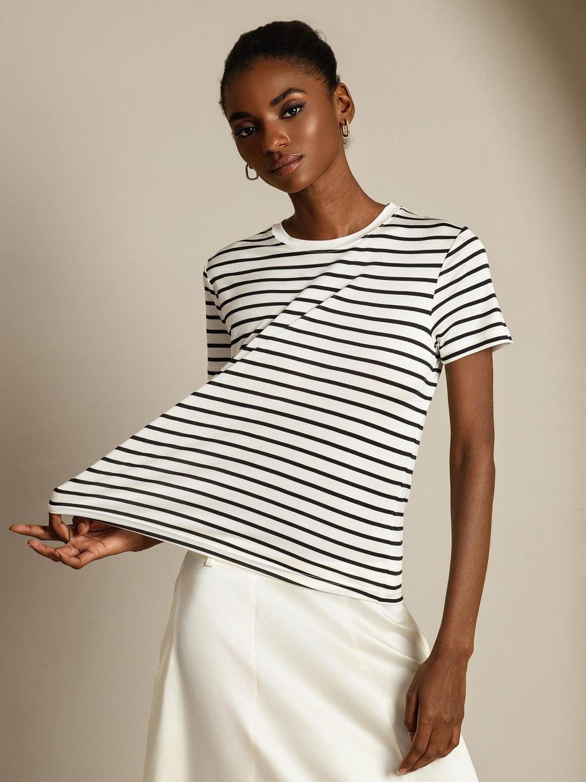 [Raya Blanca] SilkSilky-ES Short Sleeve Crew Neck Camisetas de Mujer 001